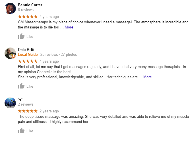 Bennie Carter, Dale Britt, and another satisfied customer gives CM Massotherapy a 5 star review on Google.