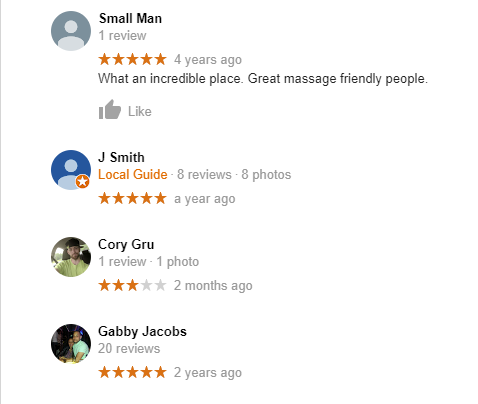 Small Man, J Smith, & Gabby Jacobs all give CM Massotherapy a 5 star review on Google.  Cory Gru gives a 3 star.
