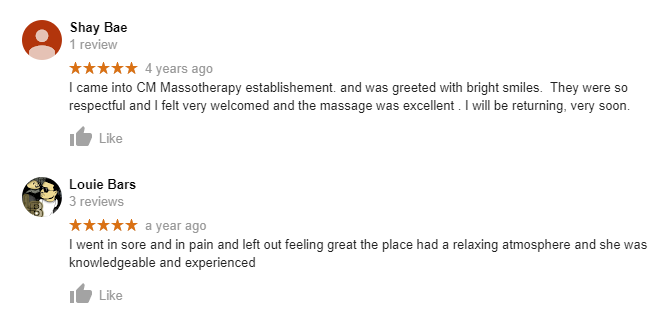 Shay Bae & Louie Bars both give CM Massotherapy a 5 star review.