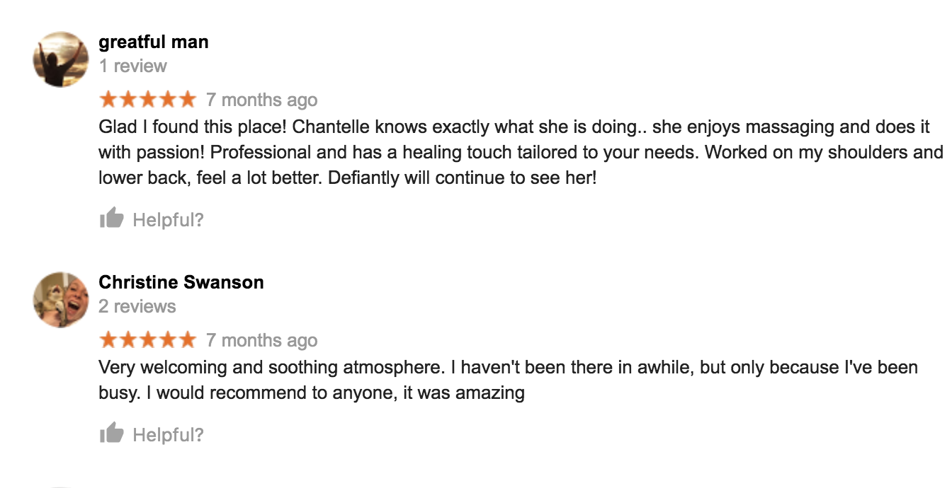 Greatful Man & Christine Swanson both give CM Massotherapy a 5 star review on a popular massage review website.