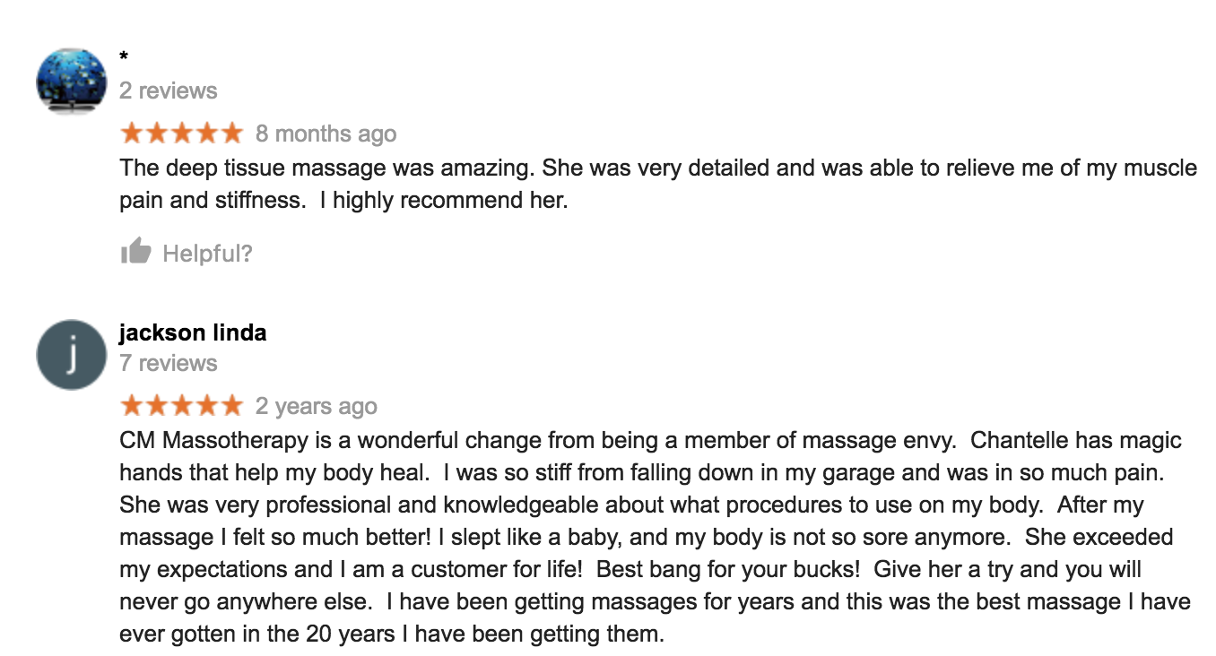 Jackson Linda & Star both give raving reviews about their experience at CM Massotherapy.